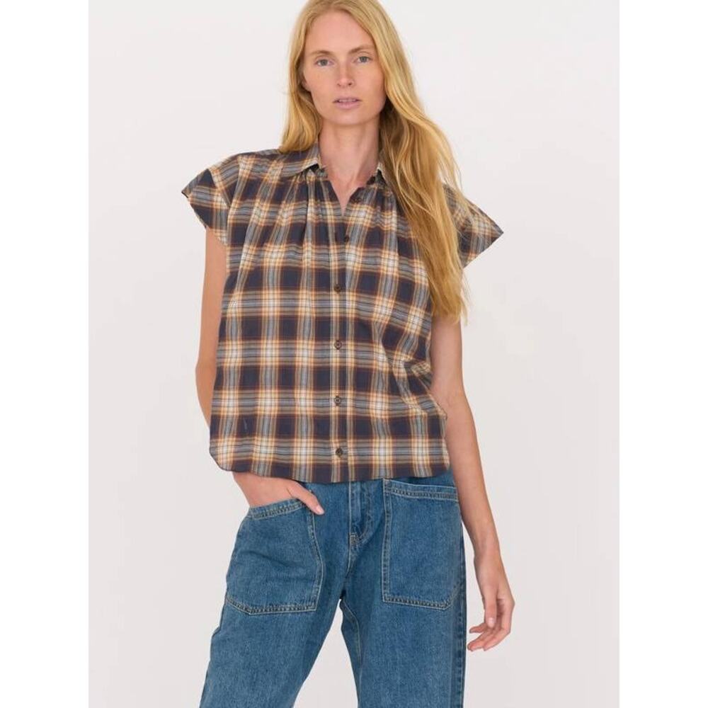 SECULAR Trinity Button Up Shirt in Camel Plaid S Effortless Scandi Minimalist